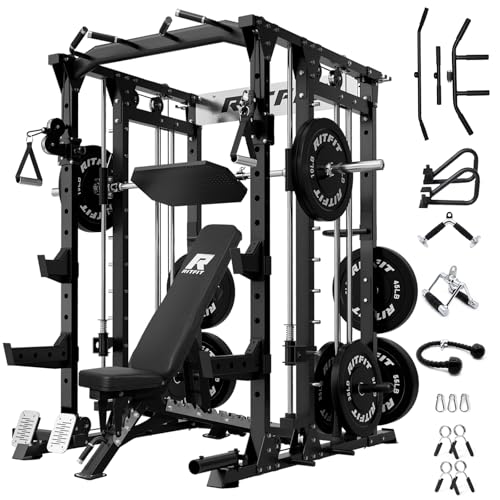 RitFit Buffalo Smith Machine, Power cage with LAT-Pull Down System & Cable Crossover System, All-in-One Squat Rack for Home Gym, Power Rack