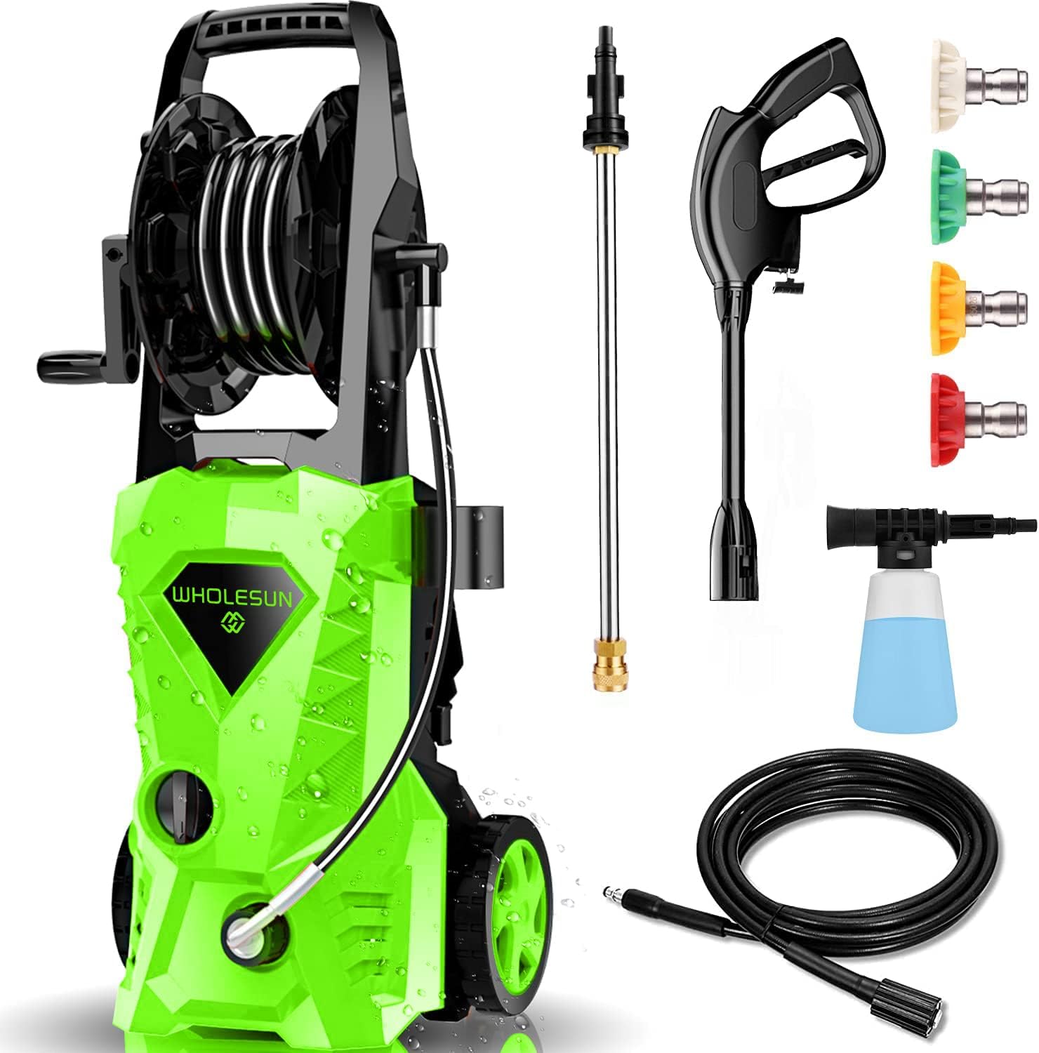 Pressure Washer WHOLESUN 3000PSI Electric Pressure Washer 2.4GPM Power Washer with Hose Reel and Brush 1600W High Pressure Washer for Driveway Fence