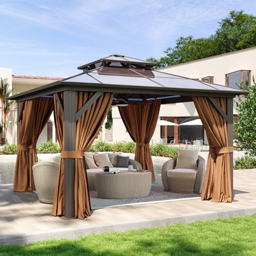 Aoxun 12'x10' Hardtop Gazebo, Aluminum Frame Permanent Pavilion with Curtains and Netting, Outdoor Polycarbonate Double Roof Canopy
