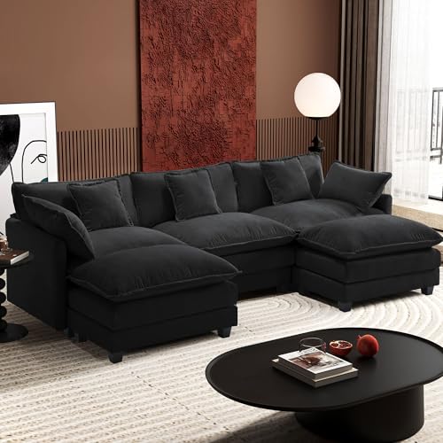 Ihanherry 111.4" U Shaped Modern Cloud Sofa Modular Sectional Couch with 2 Ottoman, 5-Seat Chenille Deep Seat Sofa with Pillow for Living Room