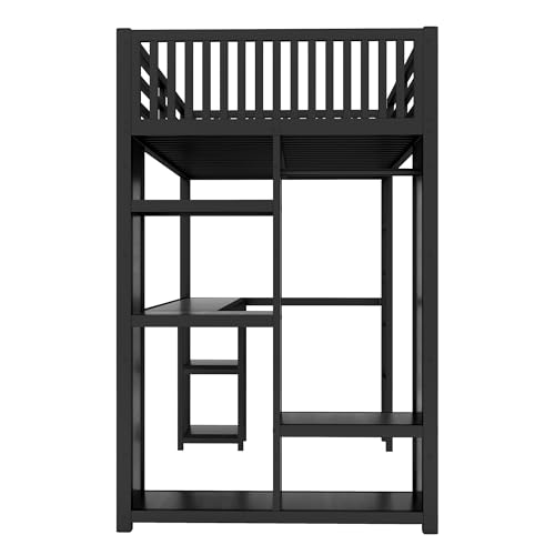Queen Size Modern Metal Loft Bed with Wardrobe and L-Shaped Desk,Storage Cubes and Shelves,for Kids Teens Adults Bedroom Use (Black#h, Queen)