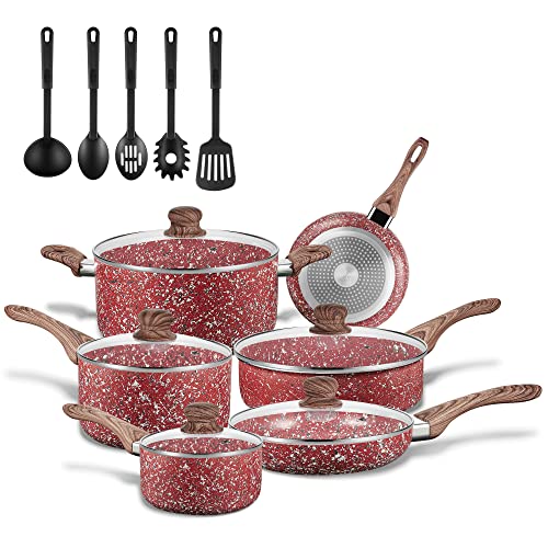 16 Pieces Nonstick Cookware Set - KOCH SYSTEME CS Nonstick frying pans, Grey Granite Cookware with Derived Coating, Induction Pot&Pan Set