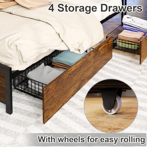 King Size Platform Bed Frame with Upholstered Shelf Headboard and 4 Under-bed Storage Drawers, Outlet with Charging Port & LED Light Design