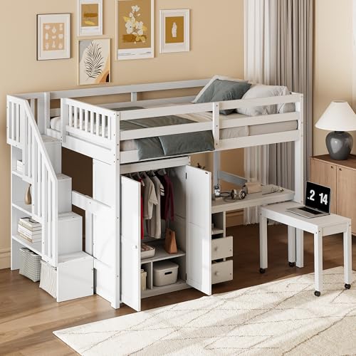 Harper & Bright Designs Twin Size Loft Bed with Stairs and Bookshelf, Wood Twin Storage Bed with Desk & Wardrobe