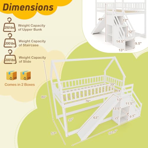 Giantex House Bunk Bed Twin Over Twin with Slide & Stairs, Wood Bunk Bed with Storage Shelves, No Box Spring Needed