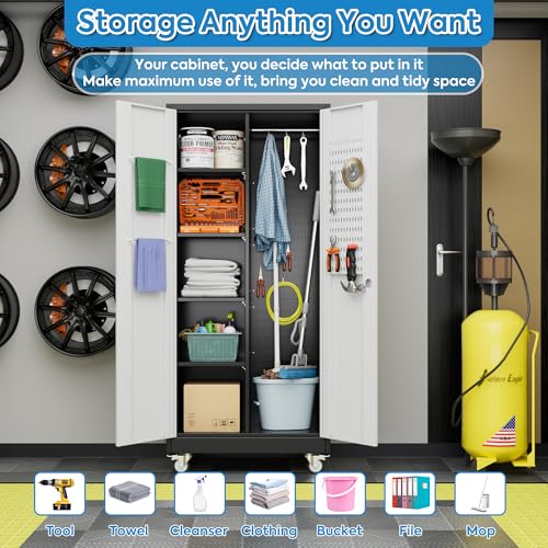 Garage Storage Cabinet with Wheels & Pegboard, 72" H Locking Metal Storage Cabinet with Doors and 4 Adjustable Shelves for Garage Workshop Home