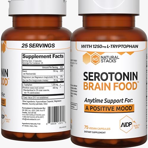 NATURAL STACKS Serotonin Brain Food w/L-Tryptophan & Rhodiola Rosea - Mood Support Supplement - Promotes Positive Mood, Calmness, Stress Relief