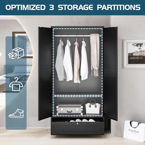 MIIIKO Steel Cabinet Wardrobe, Metal Locker Cabinet with Hanging Rod, Metal Clothing Locker Storage for Home, Office, Garage and Changing Room