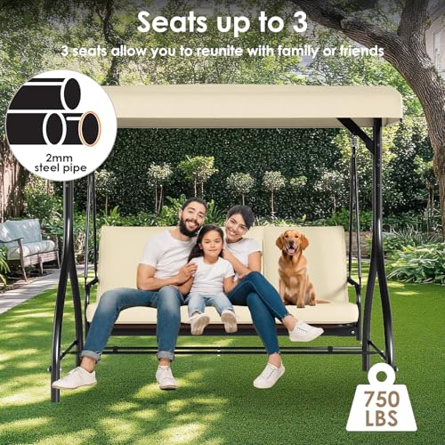 TLSUNNY 3-Seat Outdoor Patio Porch Swing with Adjustable Canopy & Backrest, Convertible Glider Bed with Stand, Removable Seat Cushion