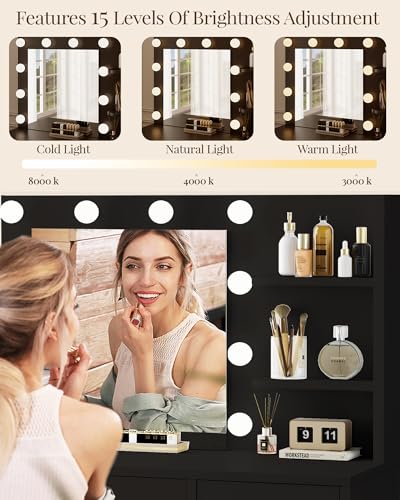 Vanity Desk with Mirror and Lights, Makeup Vanity with Drawer & Storage Shelves, Cabinet, 3 Lighting Modes Adjustable Brightness