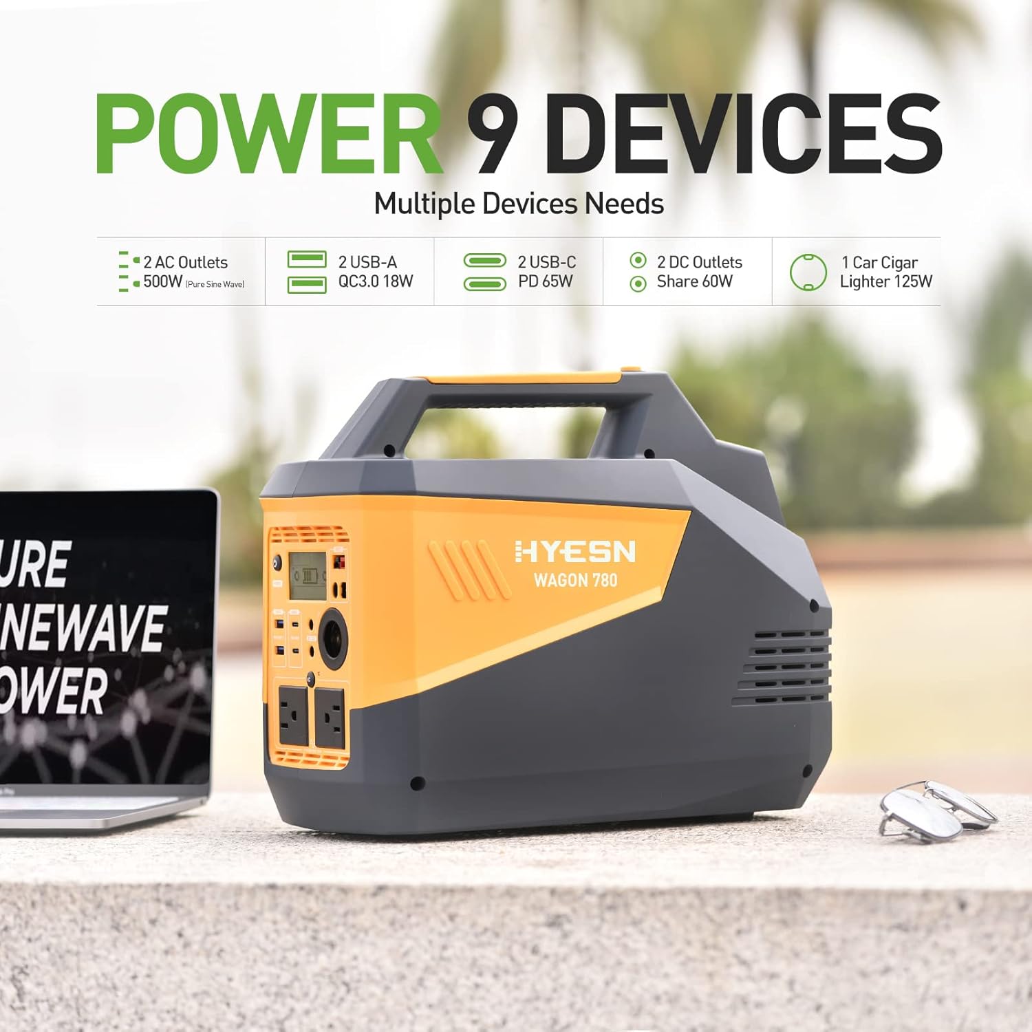 HYESN Portable Power Station 500W Outdoor Solar Generators 618Wh Backup Lithium Battery Power Multiple Devices
