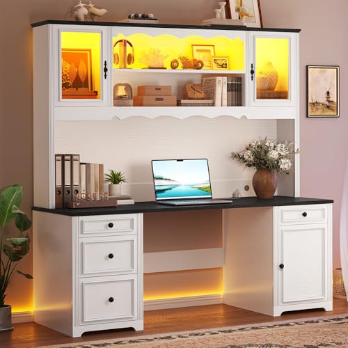 YITAHOME Executive Desk with Hutch and Drawers, Farmhouse Wood Computer Desk with Power Outlet & LED Lights, Home Office Desks with Storage Shelves