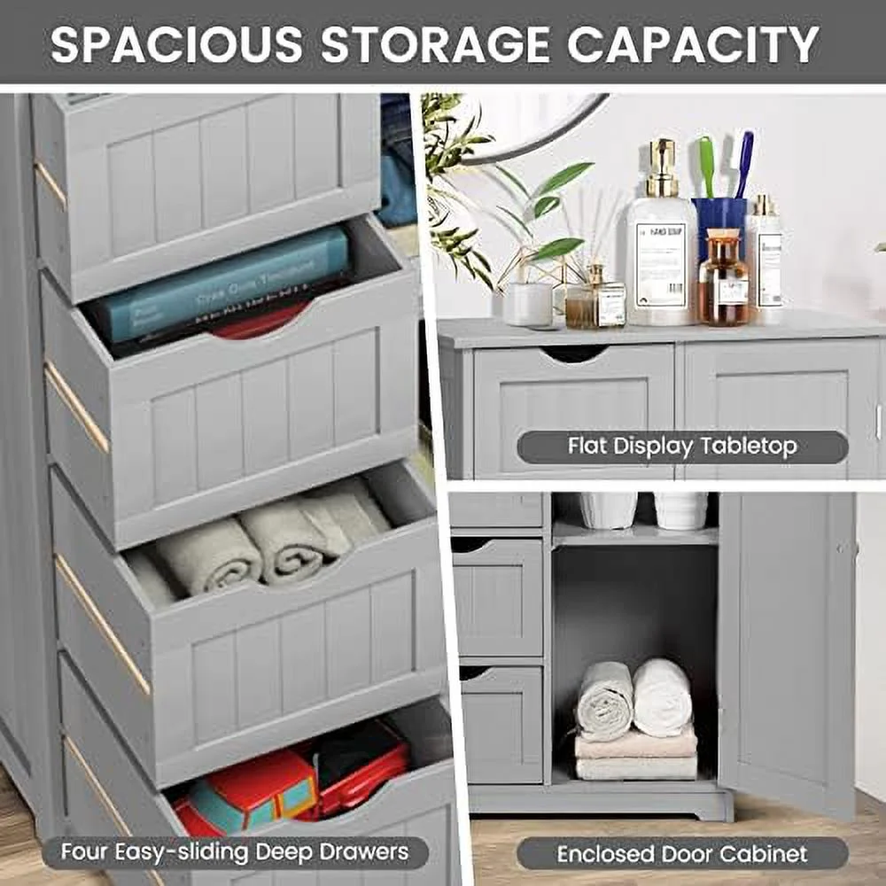 KHBIULIFE Bathroom Floor Cabinet  Side  Organizer Cabinet w/ 1 Cupboard and 4 Drawers  Wooden Free Standing  Cabinet w/Adjustable  in 3 Positions for