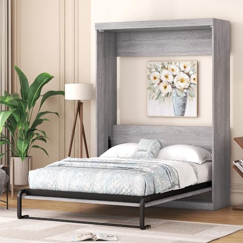 Full Size Murphy Bed with 2 Convertible Side Cabinet Storage Shelf, Foldable Wallbed Bedframe