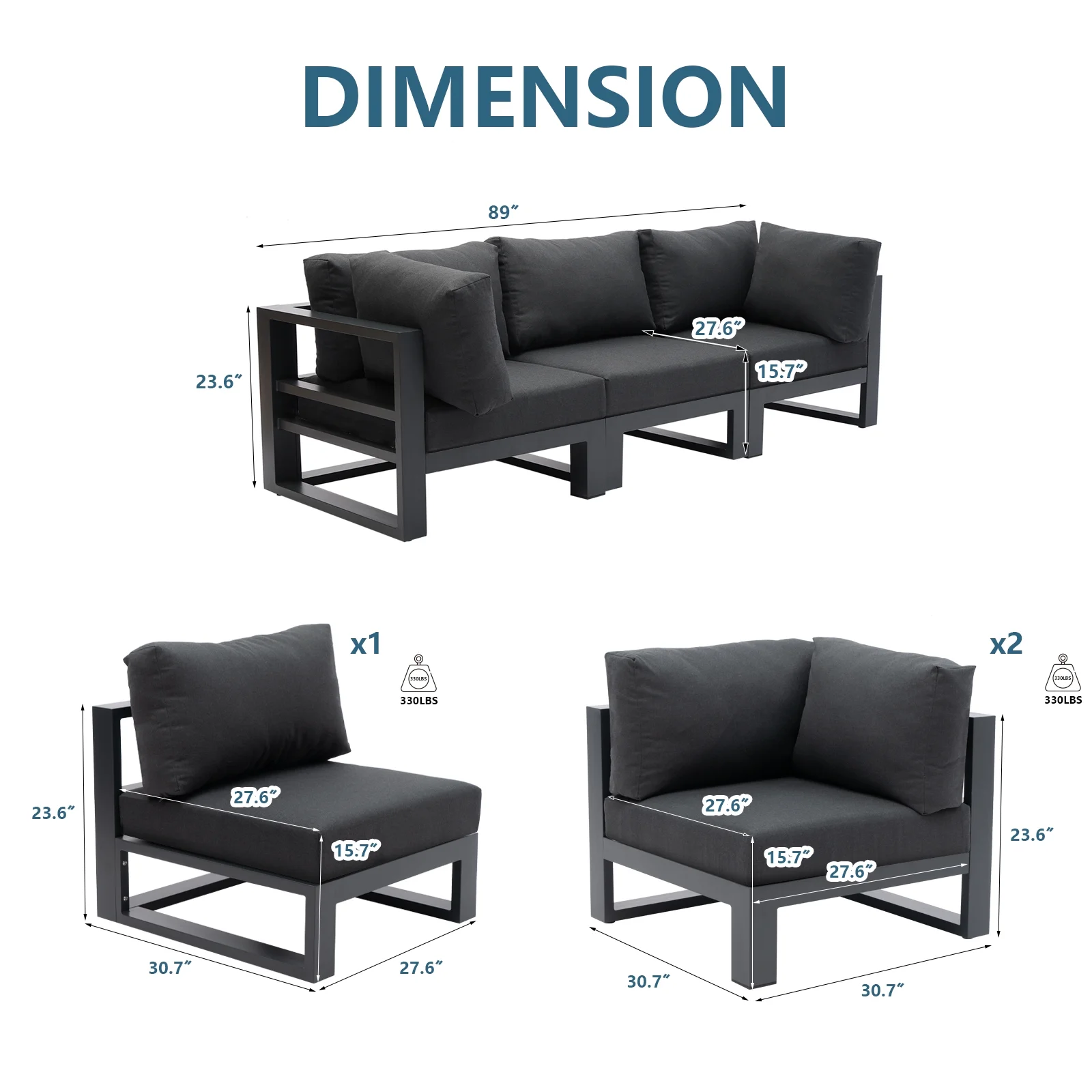 Modern 3 Seater Sofa Outdoor Sectional Sofa Set Patio Conversation Sofa Sets with Grey Cushions