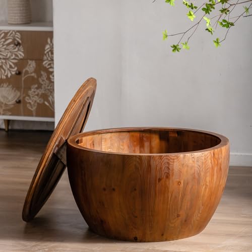 31.50" Farmhouse Wood Round Cofee Table for Living Room - Vintage Style Bucket Shaped Coffee Center Table with Storage Function