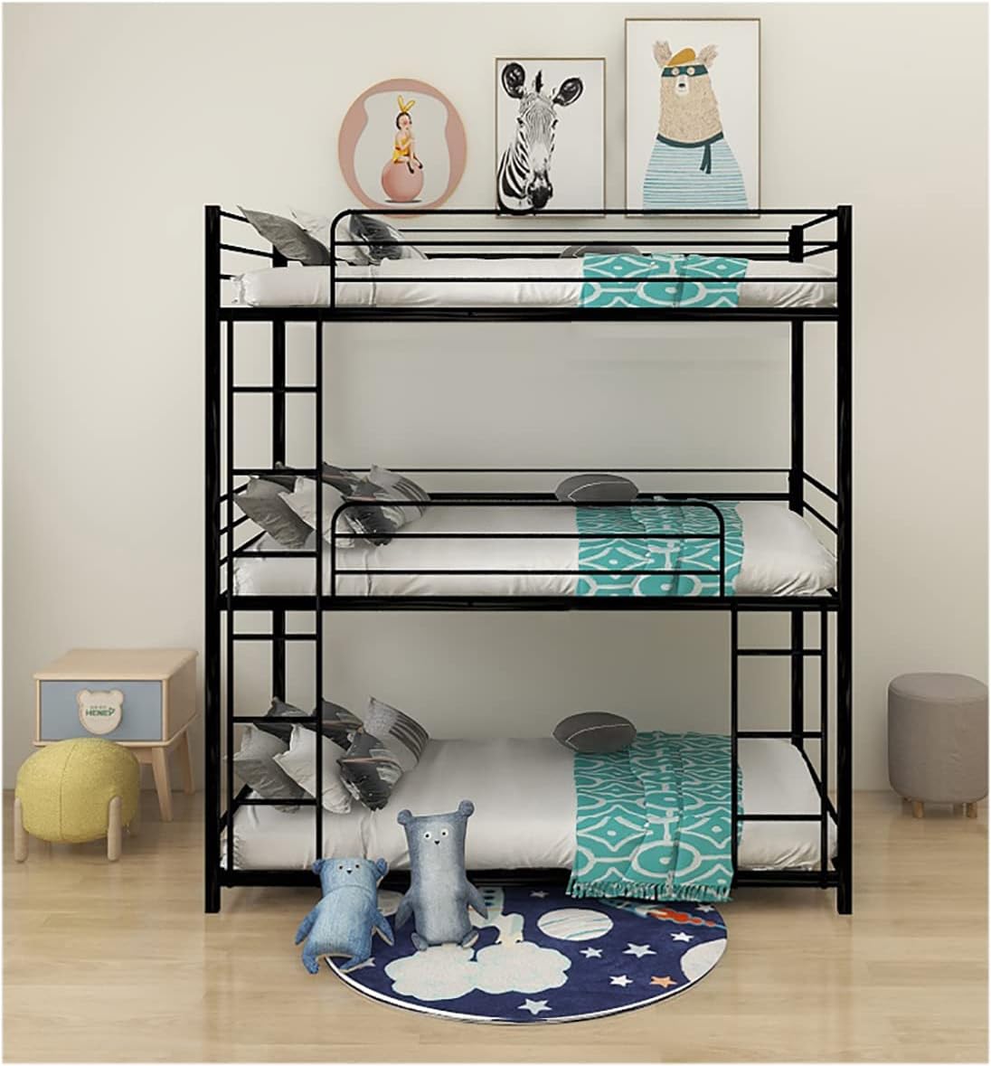 Triple Bunk Metal Beds,Can Be Separated into 3 Twin Beds with Headboards,Twin Over Twin/Twin Bunk Bed-Black