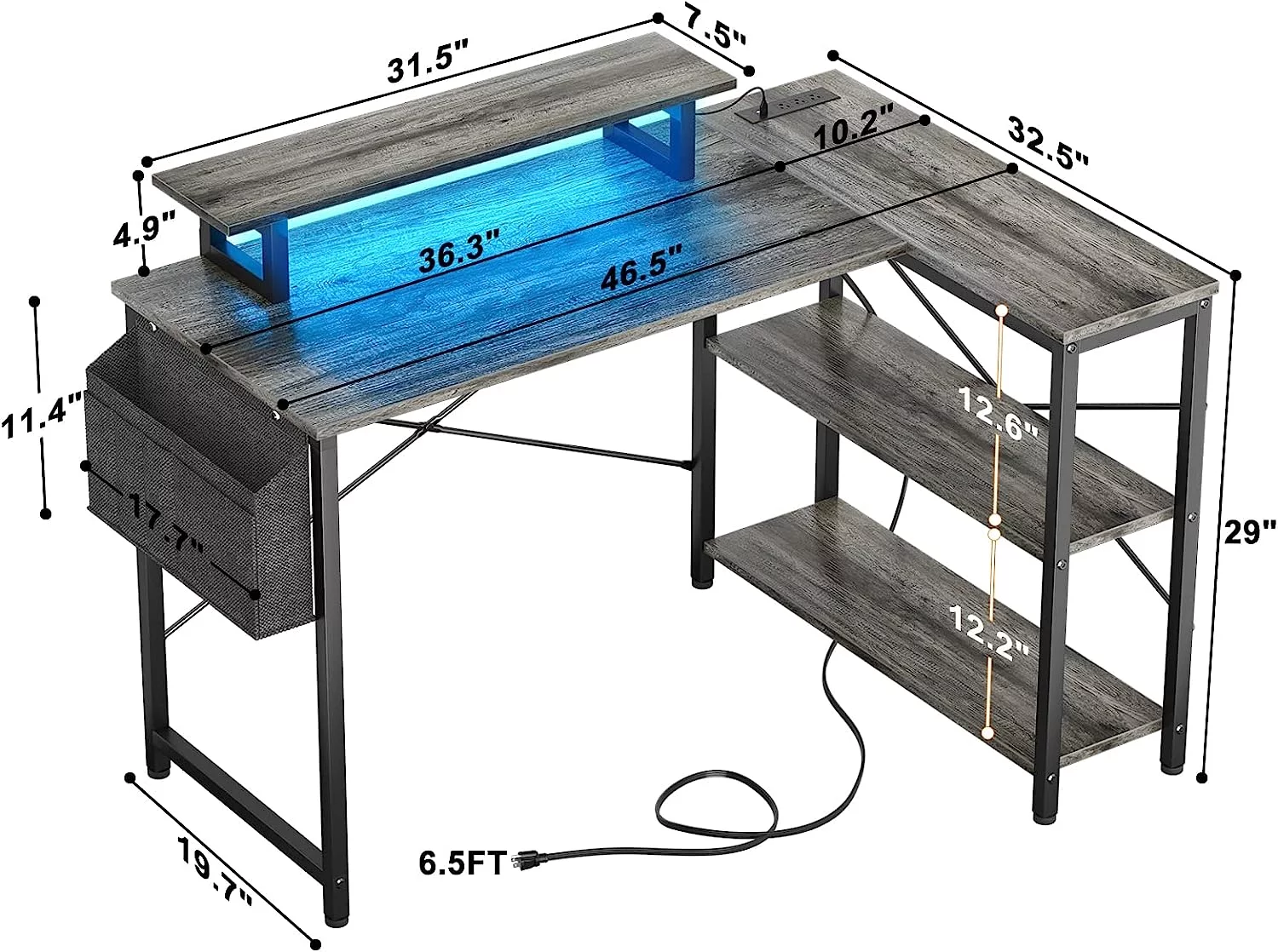 Homieasy L Shaped Desk with Power Outlet & USB Ports, 47 Inch Reversible L-Shaped Gaming Desk with LED Strip & Monitor Stand