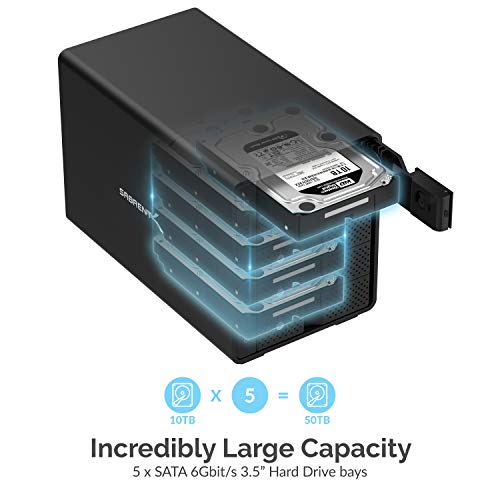 SABRENT USB 3.2 5-Bay 3.5” SATA Hard Drive Docking Station, Trayless Design, USB-C 10Gbps, Independent Power Switches, Locking Bays, Aluminum Cooling