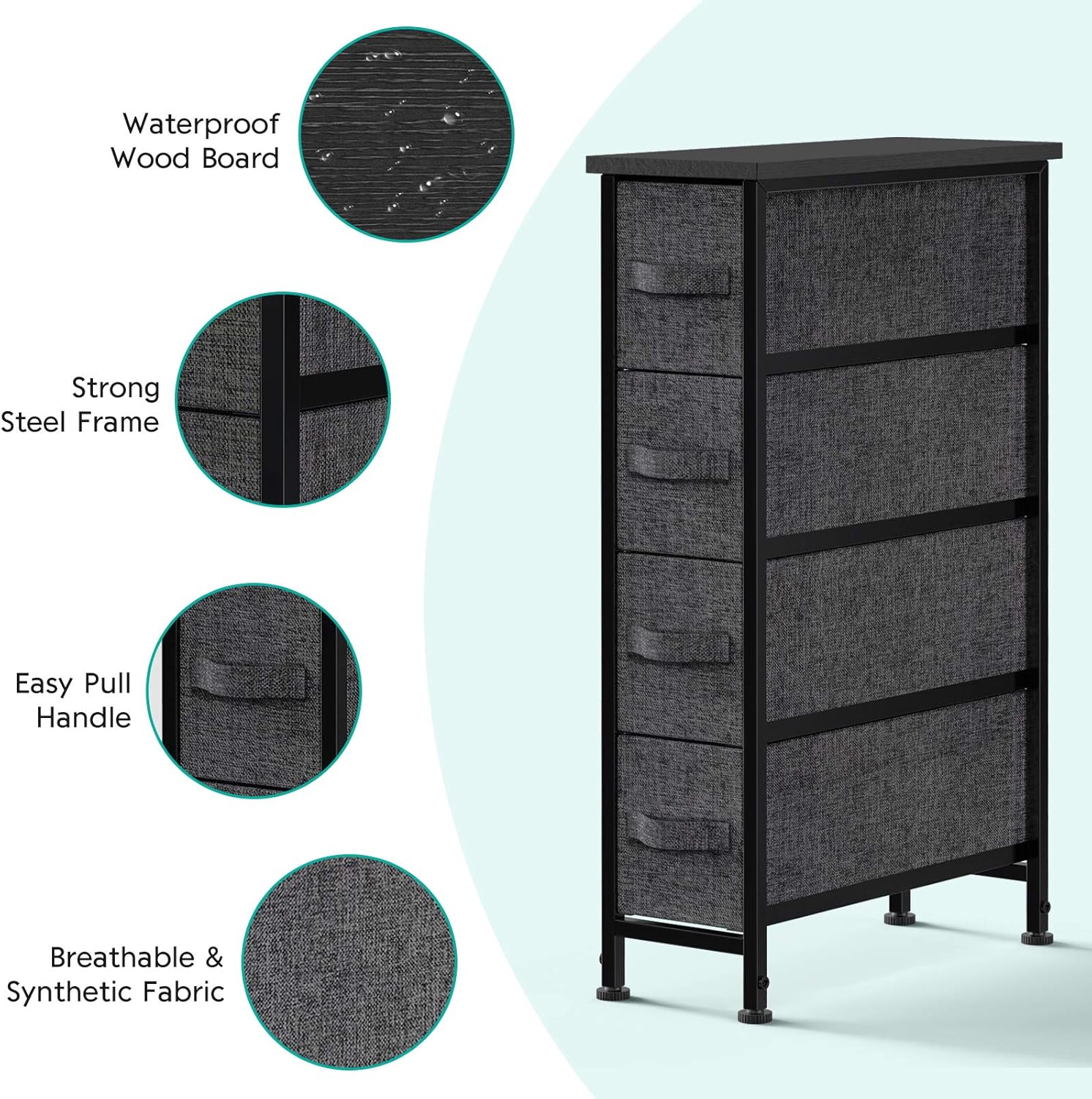 FURNINXS Narrow Vertical Dresser Chest Storage Tower with 4 Fabric Drawer Bin Organizer Unit Slim Furniture for Bedroom, Closet, Hallway, Entryway