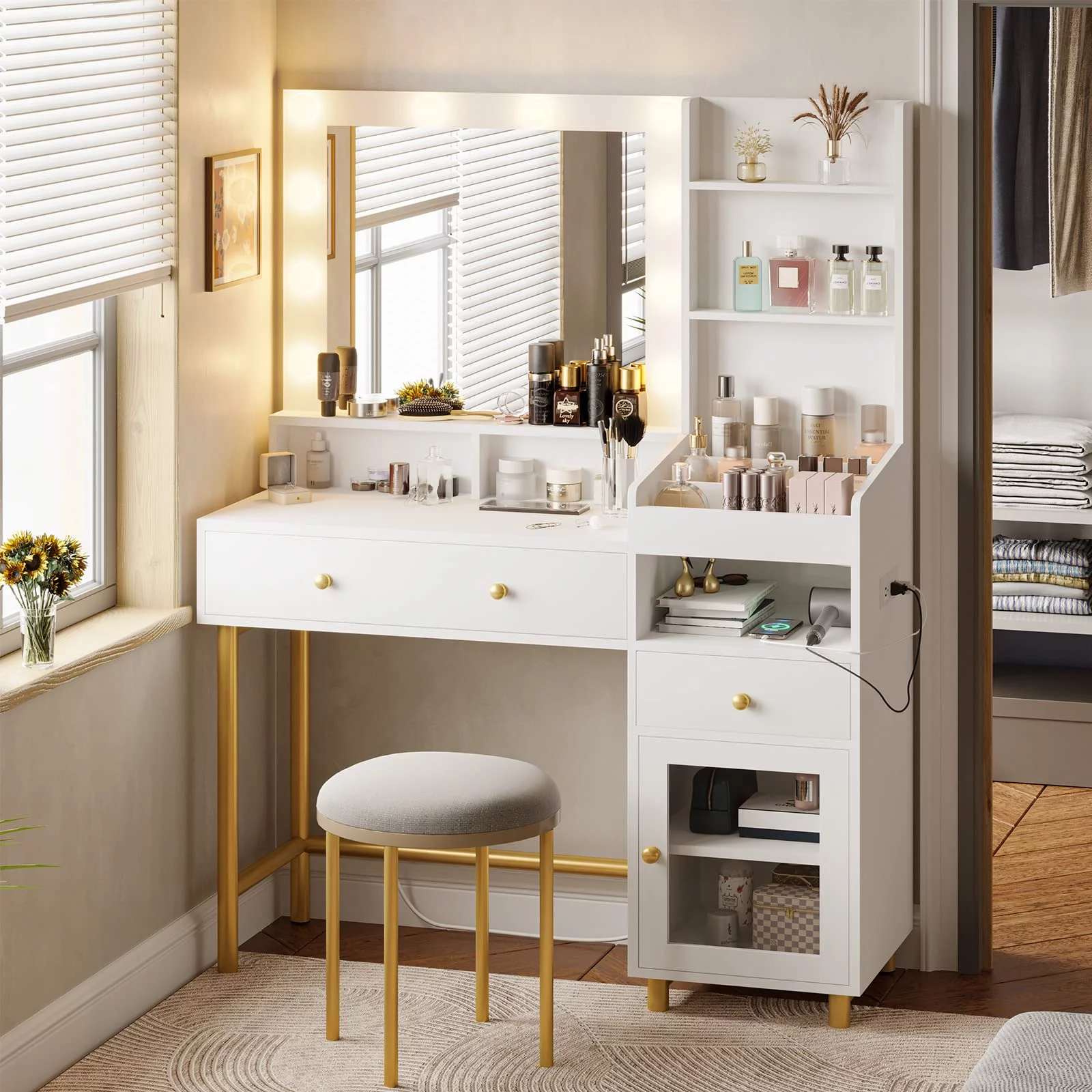 White Vanity Desk with Mirror and Lights and Drawers Modern Makeup Vanity Table with Charging Station&Cabinet for Bedroom