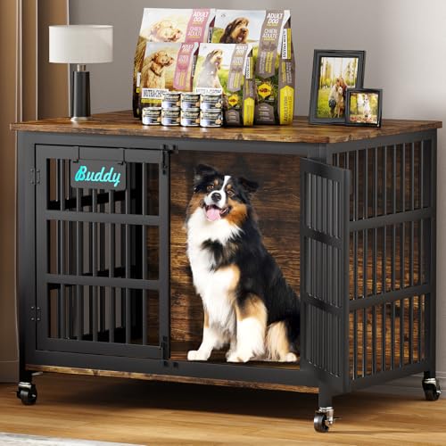 EasyCom 48"/42"/33" Dog Crate Furniture with Name Tag, Heavy Duty Dog Kennel Indoor for Large Dogs