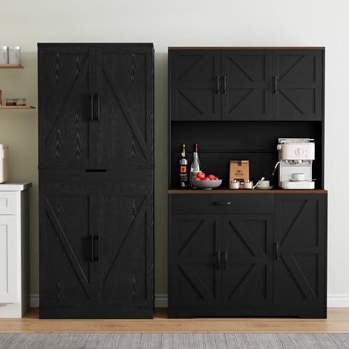 72" Tall Storage Cabinet, Kitchen Pantry Cabinet with Adjustable Shelves & Sturdy Steel Frame, Farmhouse Pantry Storage with 4 Barn Doors for Kitchen
