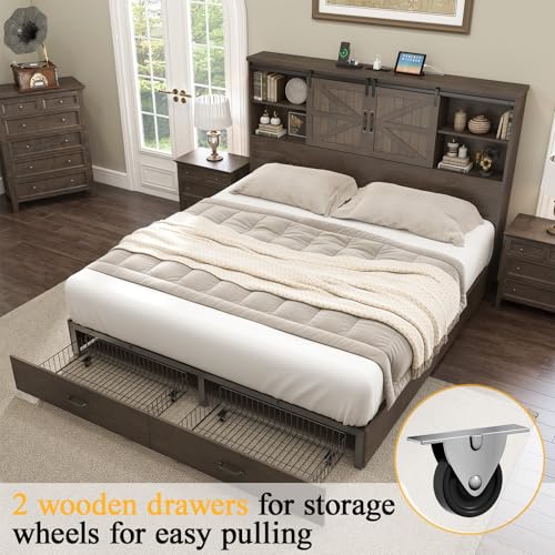 HOWE King Size Bed Frame, Wood Platform Bed Frame with 51.2" Bookcase Headboard, Storage Bed with Sliding Barn Door Charging Station 2 Drawers