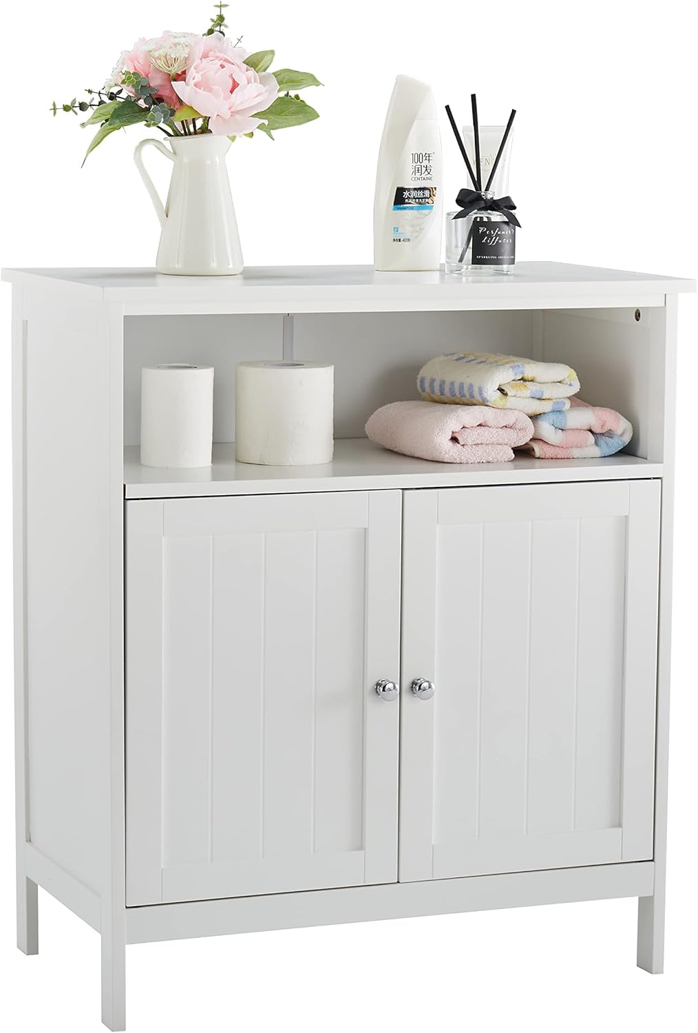 HoorLang Storage for Bathroom, Small Cabinets, Bathroom Table with Storage Cupboard Open Compartments, Easy Assembly White HLBC04W