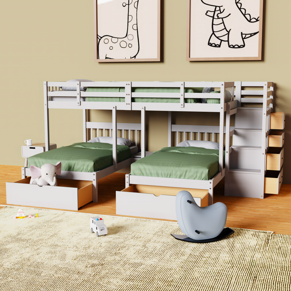 Full Over Twin & Twin Bunk Bed, Wood Triple Bunk-Beds with Drawers and Guardrails,White
