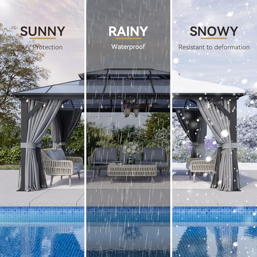 Aoxun 12'x16' Hardtop Gazebo, Aluminum Frame Permanent Pavilion with Netting and Curtains, Outdoor Polycarbonate Double Roof Canopy