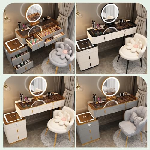 Vanity Mirror with Lights and Desk,Vanity Makeup Table Set,Makeup Vanity Table Wit Round 3-Colors Lights,with Cushioned Stool