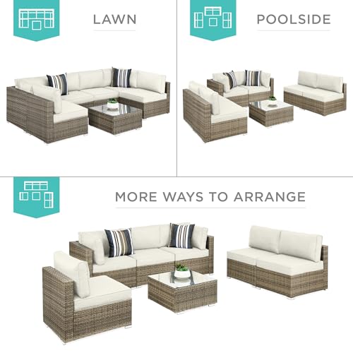 Best Choice Products 7-Piece Modular Outdoor Sectional Wicker Patio Conversation Set w/ 2 Pillows, Coffee Table, Cover Included - Gray/Navy