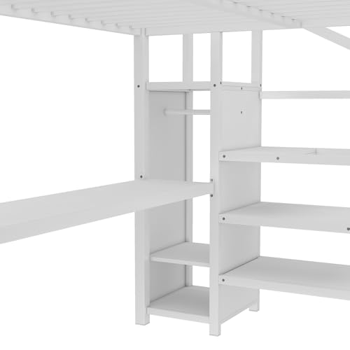 Bellemave Full Size Metal Loft Bed with L Shaped Desk and Wardrobe, Heavy Duty Loft Bed Frame with Storage Stairs