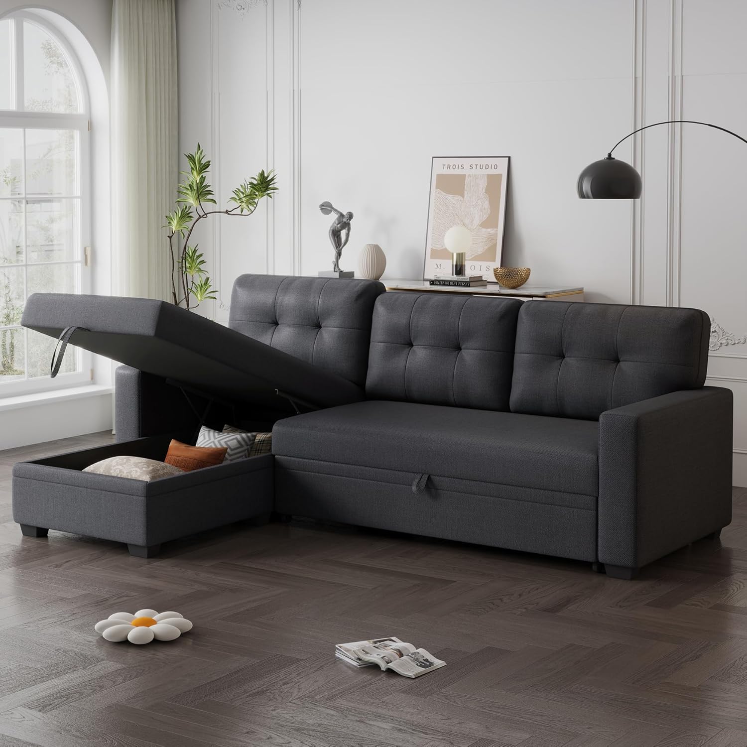 82" Upholstered Pull Out Sofa Bed with Storage Chaise,Linen Reversible Couch W/Tufted Backrest