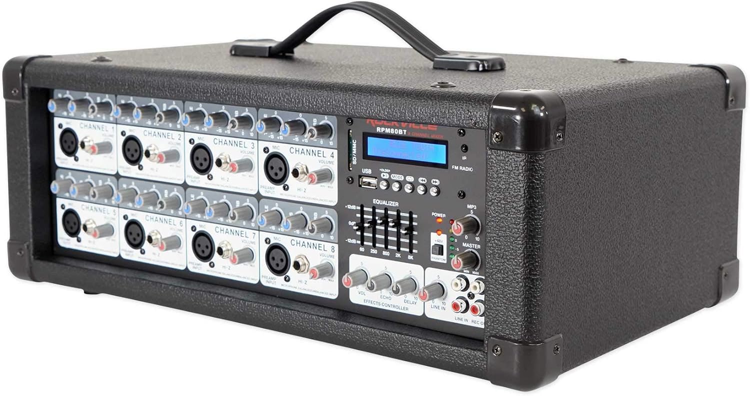 Rockville RPM80BT 2400w Powered 8 Channel Mixer/Amplifier w/Bluetooth/EQ/Effects