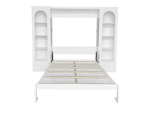 Queen Size Murphy Bed with Desk & Charging Station,Wall Bed Frame Folding into Cabinet Design w/LED & Storage Shelf for Small Space,Bedroom