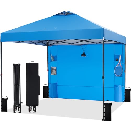 10'x10' Pop Up Canopy Tent with 1 Sidewall and 6 Pockets, One Push Setup, Instant Shade Tent with Vented Roof for Beach Patio Outdoor, Case, 8 Stakes