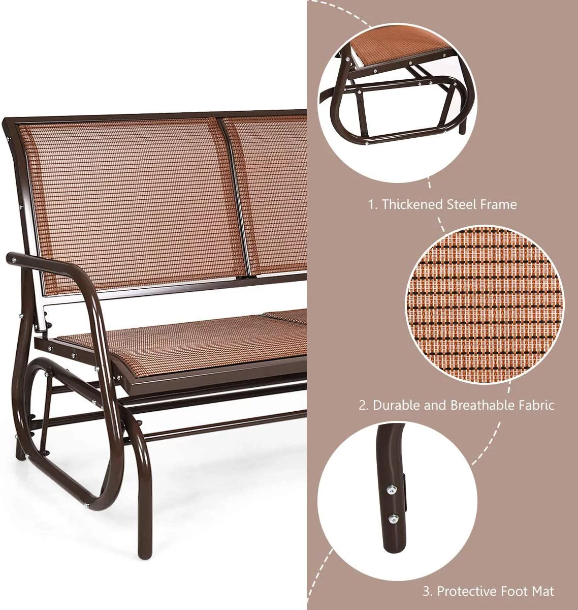 Swing Glider Chair 48 Inch with Spacious Space, 2 People Swing Lounge Glider Chair Cozy Patio Bench Outdoor & Indoor for Patio, Backyard, Poolside