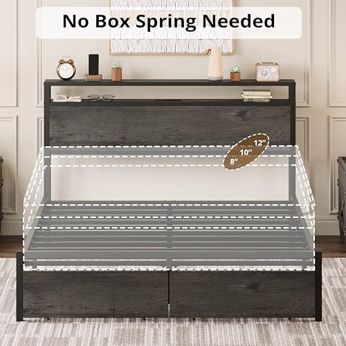 LIKIMIO King Bed Frame with Storage Headboard, Platform Bed with Drawers and Charging Station, No Box Spring Needed, Easy Assembly, Vintage Brown