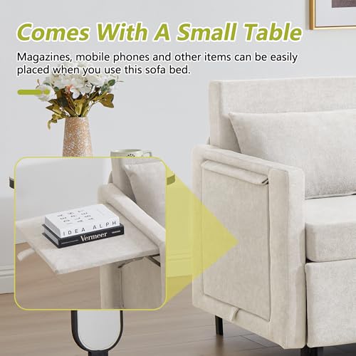 3-in-1 Sleeper Sofa Bed, 51'' Convertible Folding Couch with Pullout Bed, Chenille Futon Sleeper Sofa with Side Table and 2 Pillows