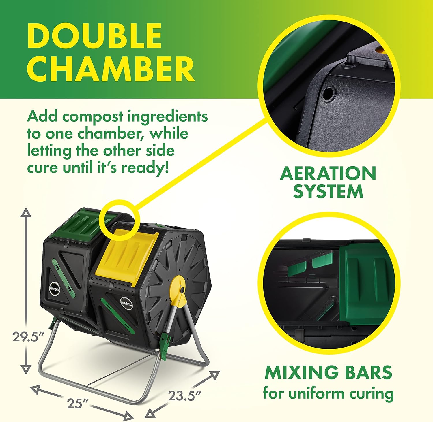 Dual Chamber Compost Tumbler – Easy-Turn, Fast-Working System – All-Season, Heavy-Duty, High Volume Composter with 2 Sliding Doors