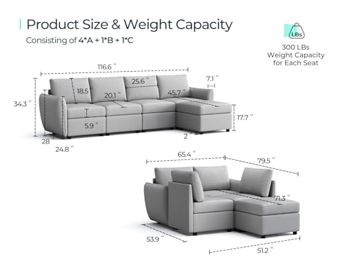 LINSY HOME Modular Sofa, All Covers Washable Changeable Sectional Couch with Storage & Memory Foam
