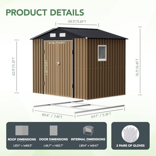 10X12X7.5 FT Outdoor Steel Storage Shed with Lockable Doors, 2 Windows, Transparent Roof Panels (Wood Panels & Frame Floor Not Included)