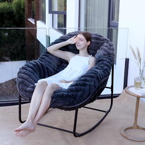 Outdoor Indoor Rocking Chair, Patio Wicker Egg Chair, Indoor & Outdoor Comfy Oversized Papasan Chair with Padded Cushion
