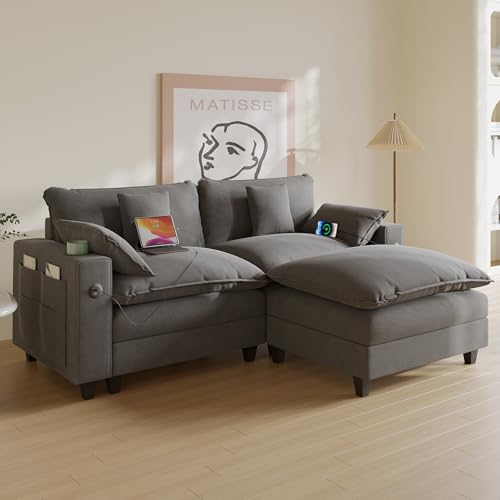 Modular Sectional Sofa, Cloud Couch with Ottoman, Charging Station, Throw Pillows, Cup Holders, Modern Convertible U Shaped Couches for Living Room