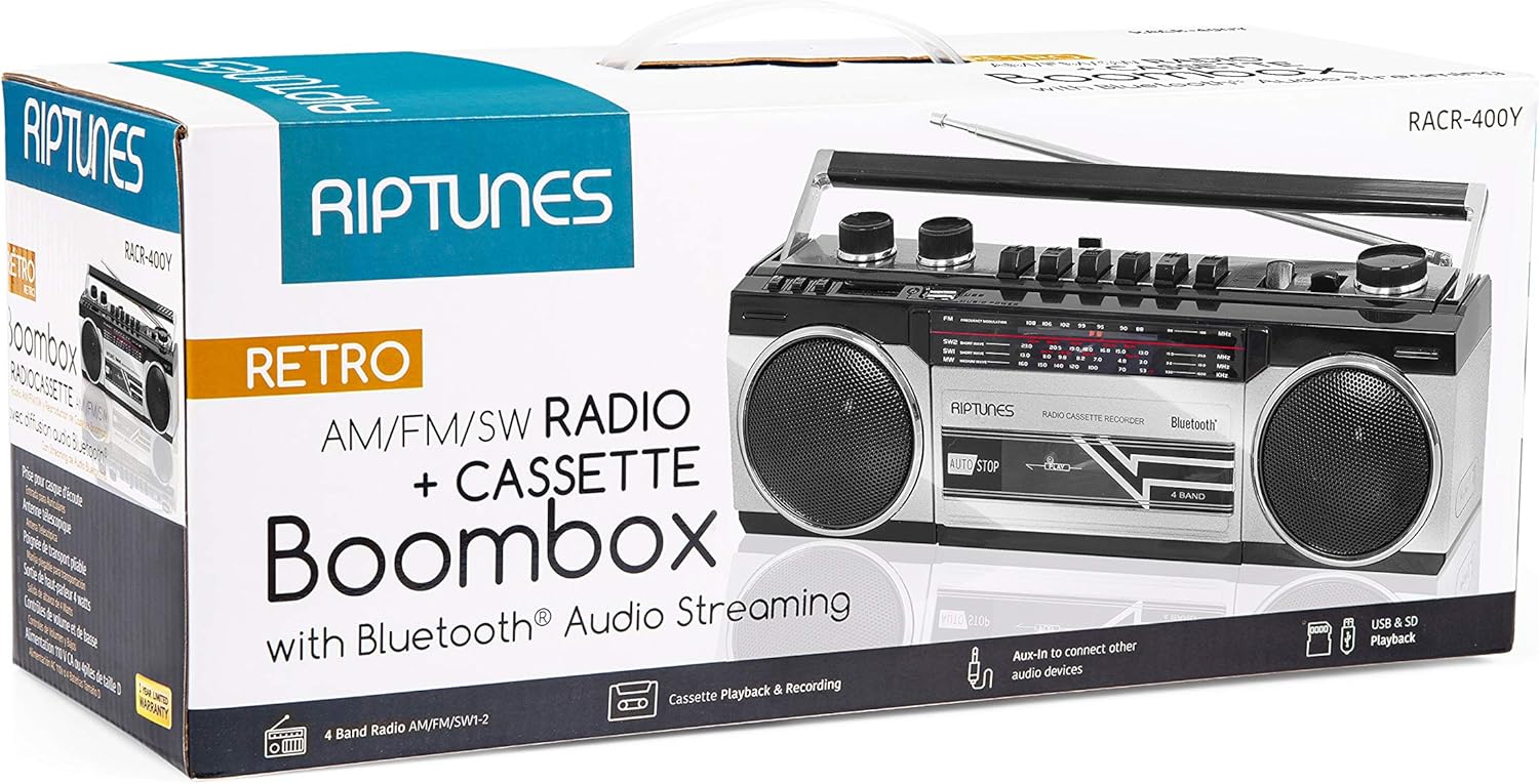 Riptunes Cassette Boombox, Retro Blueooth Boombox, Cassette Player and Recorder, AM/FM/ SW-1-SW2 Radio-4-Band Radio, USB, SD, Silver Pack of 2