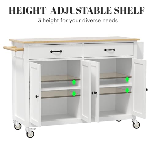 Rovibek Kitchen Island with Drawers 53 in Rolling Island Cart Mobile Solid Wood Portable Islands on Wheels with Storage Cabinet & Drawers, White