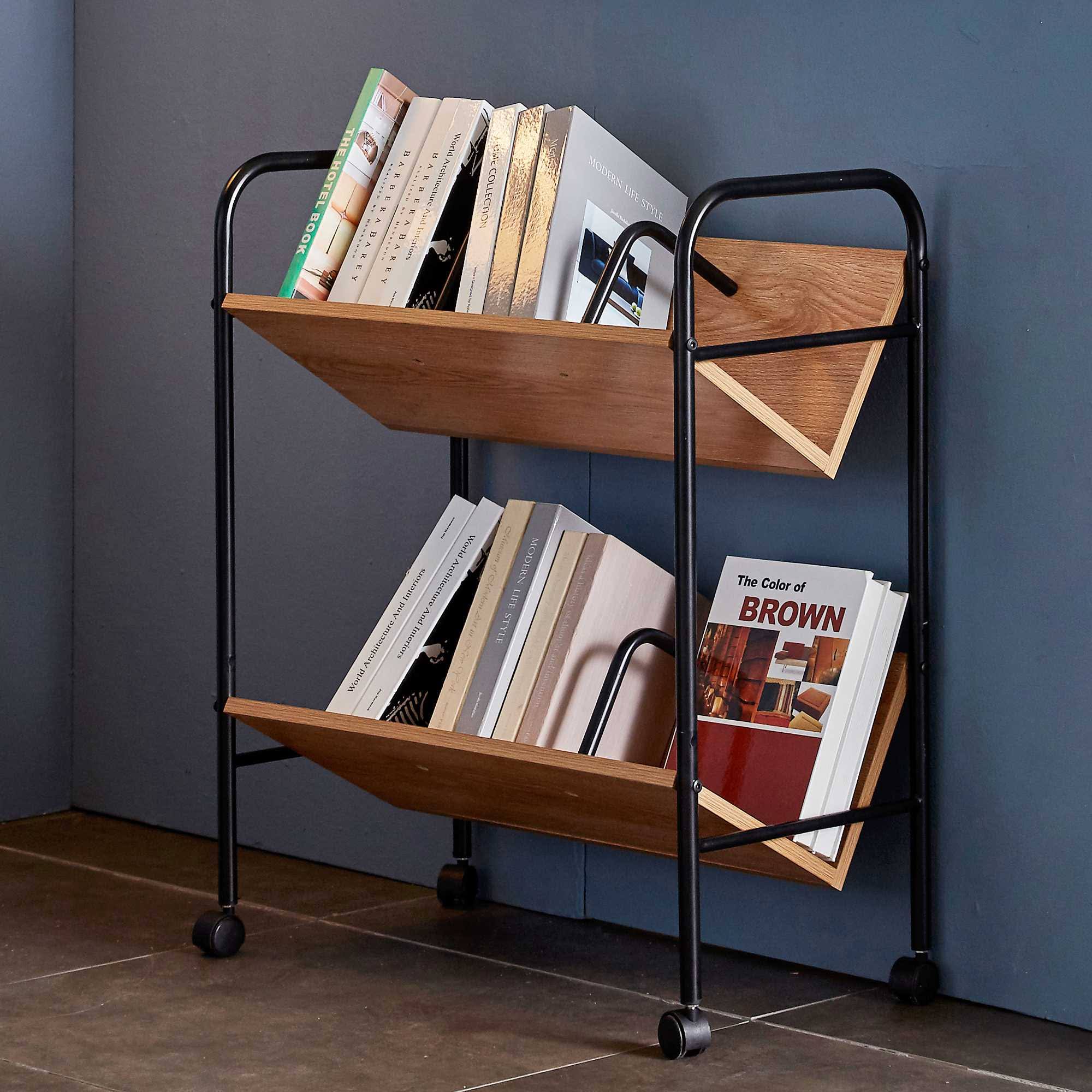 Querencia 2-Tier Wood Metal Double Sided Sloped Mobile Book Cart