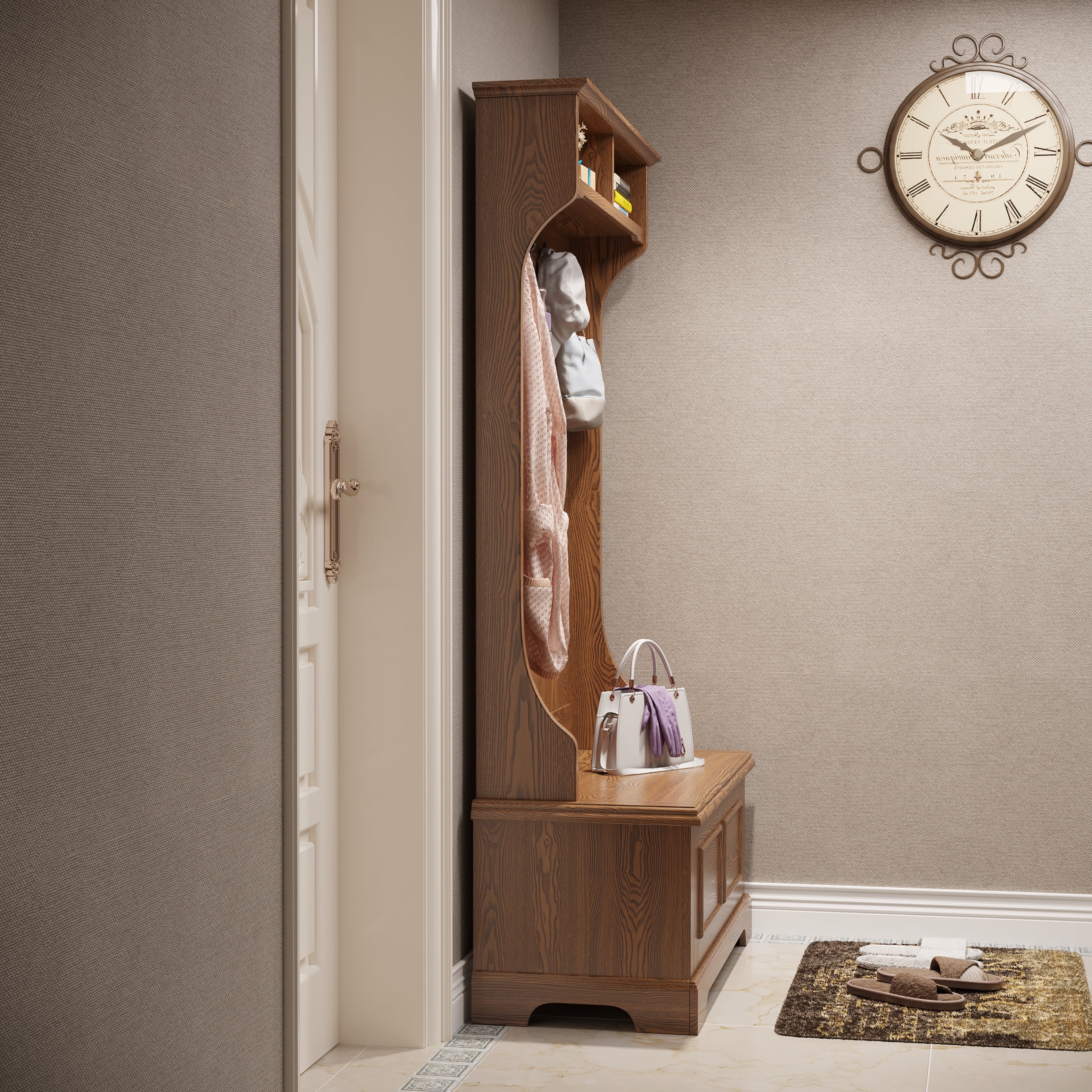 BALANBO Entrance Coat Rack Hall Tree Storage Bench with Metal Black Hooks and Shelves Cabinet - Ash Finish （Brown） - Radiant Selections